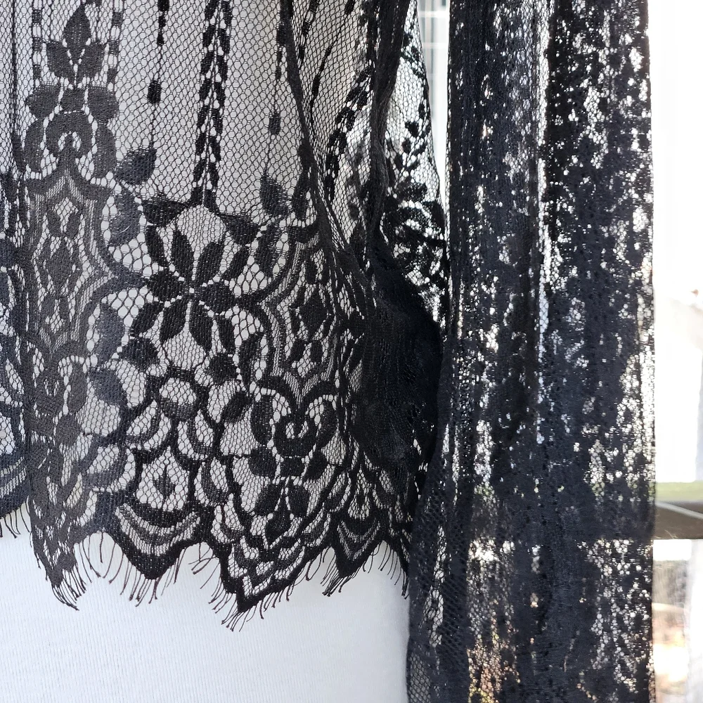 H&M Divided Sheer Black Lace LS Top Scalloped Hem Blouse Size 2 Goth Layering